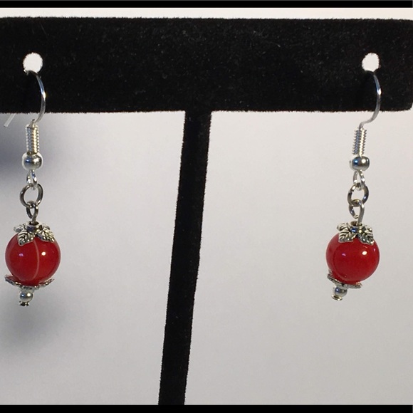 Red Orange Stripe Agate Small Drop Earrings - Picture 7 of 8